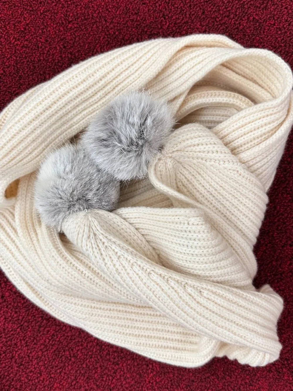NWOT LK Bennett SC Roma Scarf Cream Rabbit Hair with Pom-poms OS